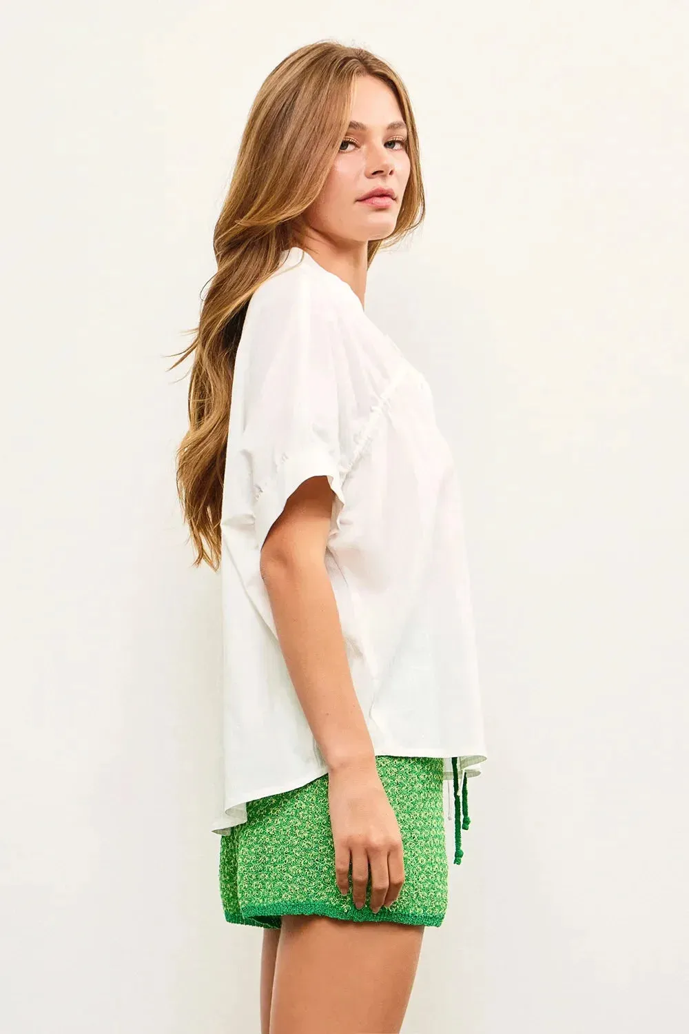 100% Cotton Mandarin Collar Smocked Button-Down Blouse Shirt