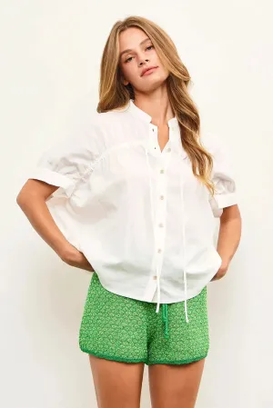 100% Cotton Mandarin Collar Smocked Button-Down Blouse Shirt