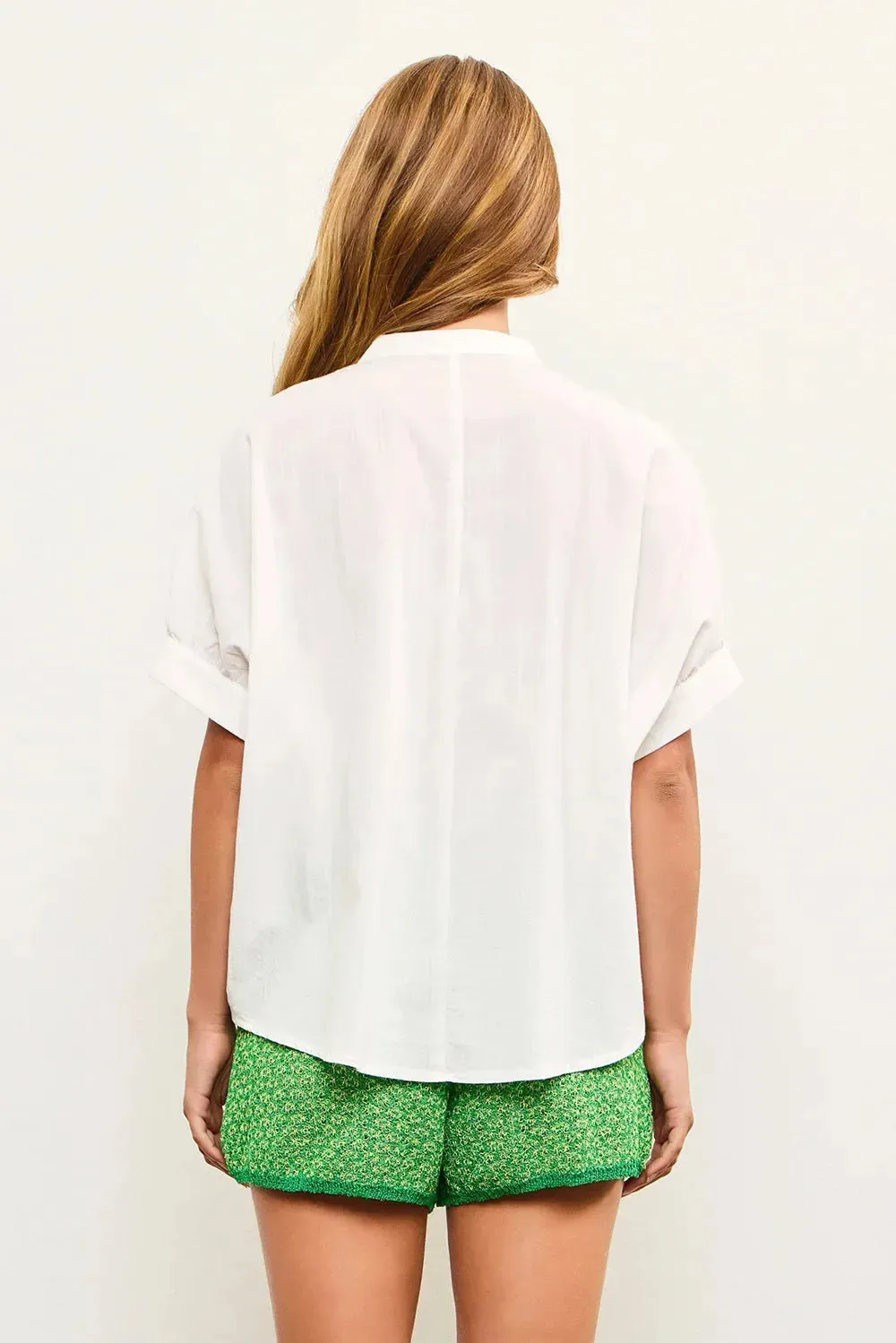 100% Cotton Mandarin Collar Smocked Button-Down Blouse Shirt