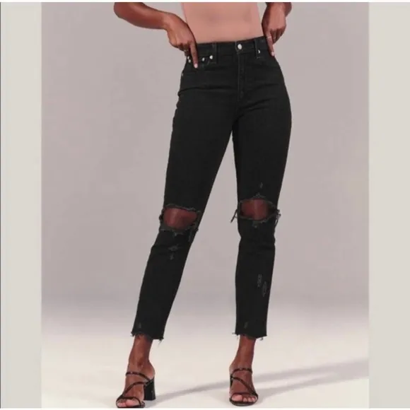 Abercrombie &amp; Fitch Curve Love High Rise Black Distressed Mom Jeans