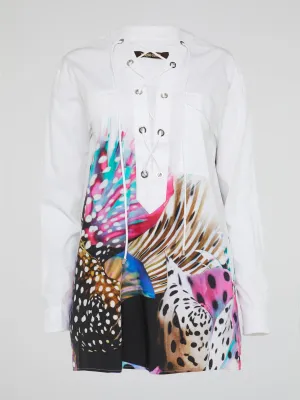 Abstract Print Lace Up Blouse
