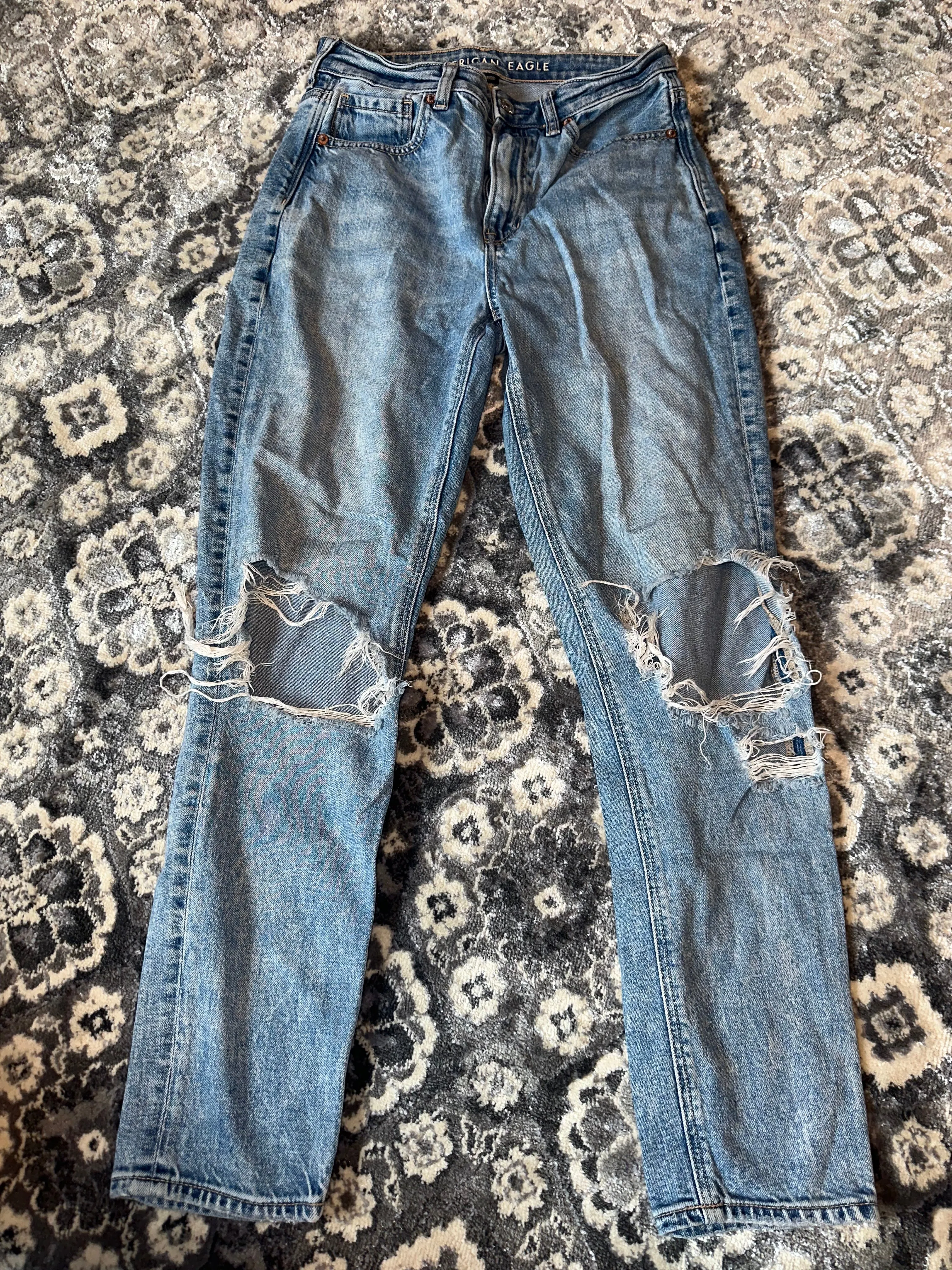American Eagle (2) Light Wash Distressed Denim Mom Jean with Stretch