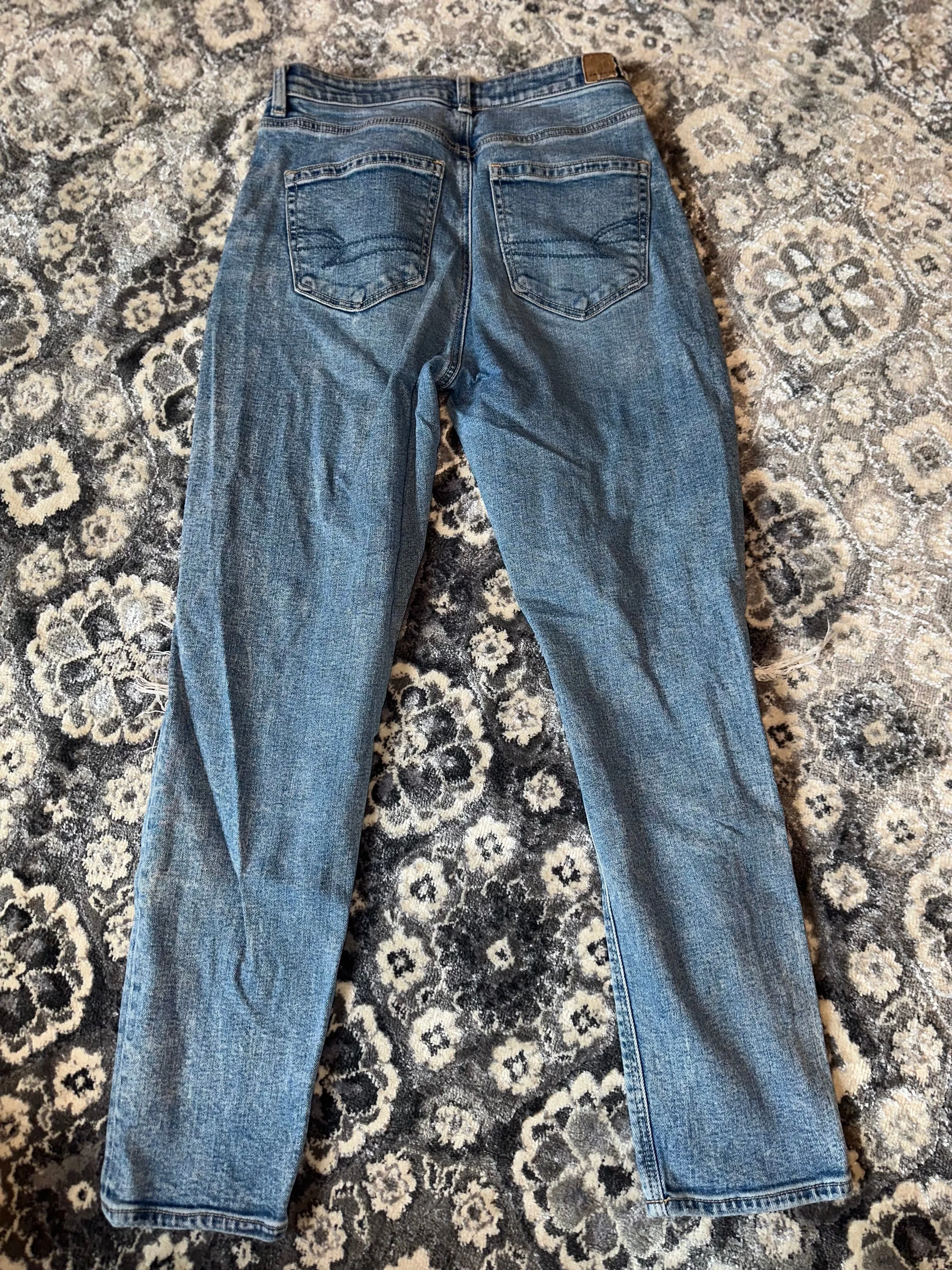 American Eagle (2) Light Wash Distressed Denim Mom Jean with Stretch