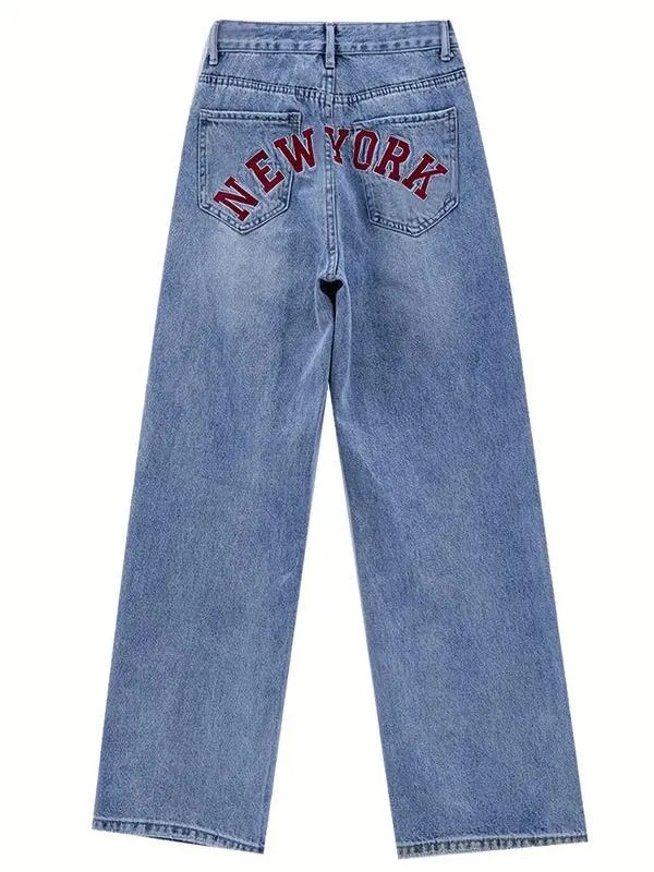Baggy Boyfriend Jeans mit bestickten Rückenmotiv