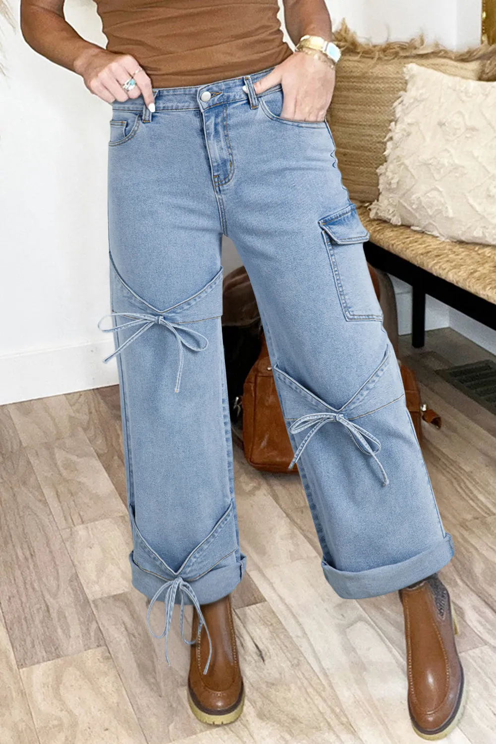 Beau Blue Bowknot Decor Boyfriend Cargo Jeans for Women
