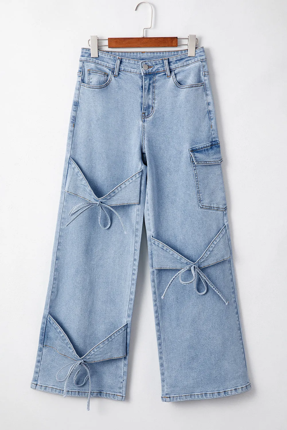 Beau Blue Bowknot Decor Boyfriend Cargo Jeans for Women