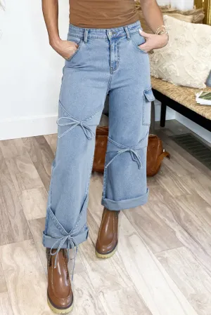 Beau Blue Bowknot Decor Boyfriend Cargo Jeans for Women