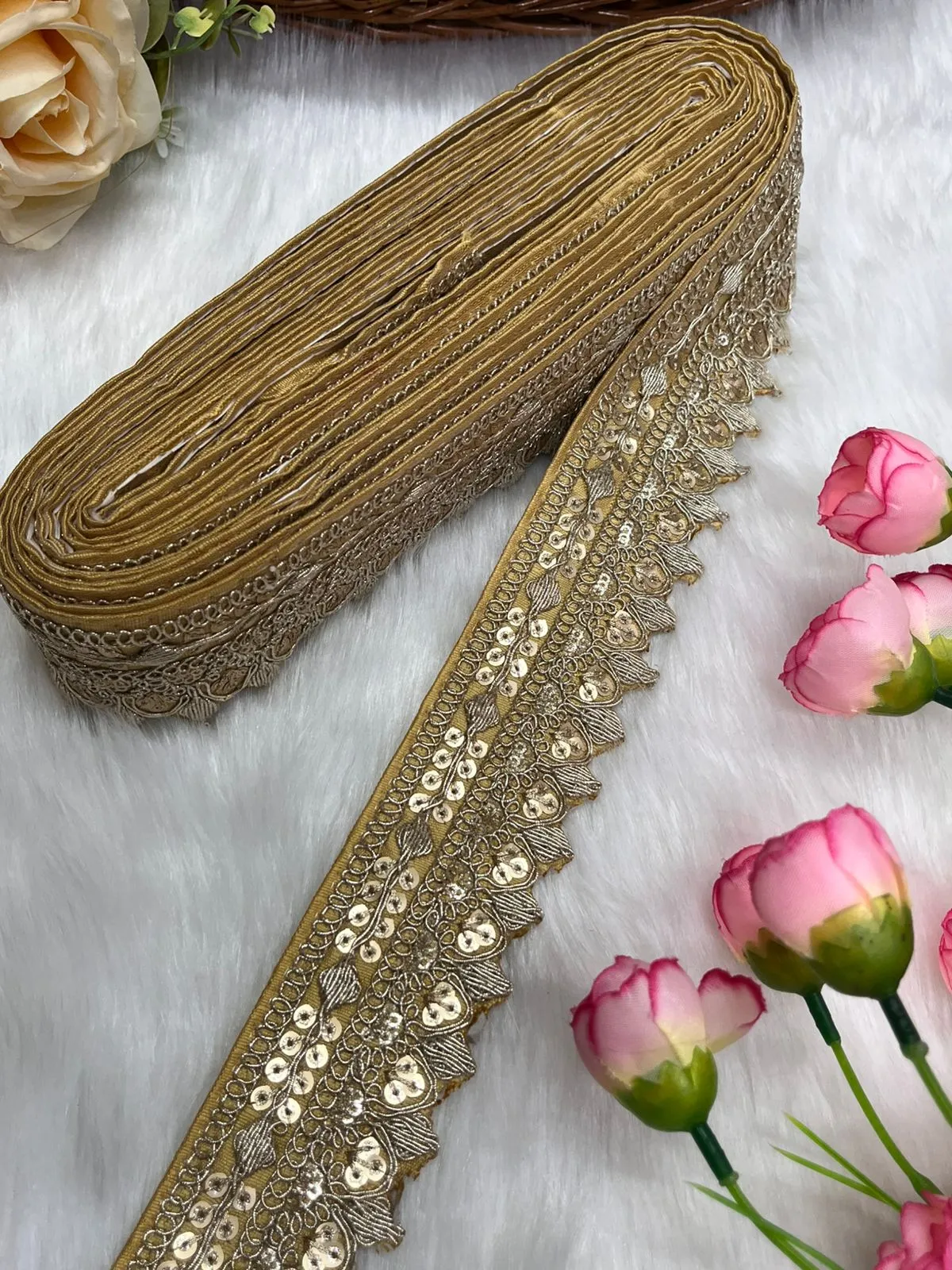 Beautiful Silk-Based Sequins Work Embroidery Trim - Elegant and Versatile | Gold