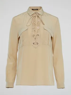 Beige Lace Up Blouse
