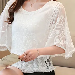 BerryBetty - Spring Outfits 2024 Trends Summer Top Fashion Womens Tops and Blouses Ladies Tops Lace White Shirts Women Tops Blouse for Women Solid Hollow Out Sweet 4073