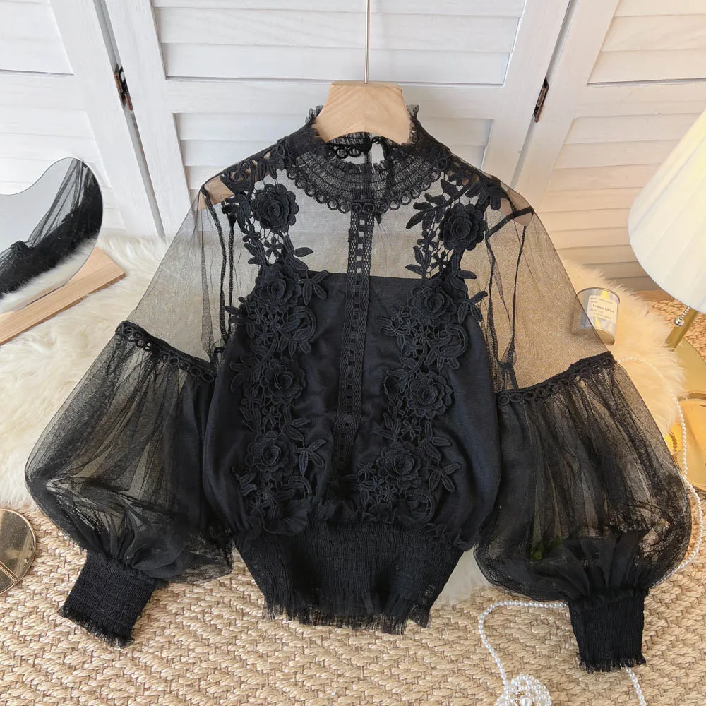 BerryBetty - spring Women Mesh Tops Fashion Sexy Sheer Lace Blouse Lantern Sleeve 3D Floral Blouses Shirts Elegant Top Blusas Femininas