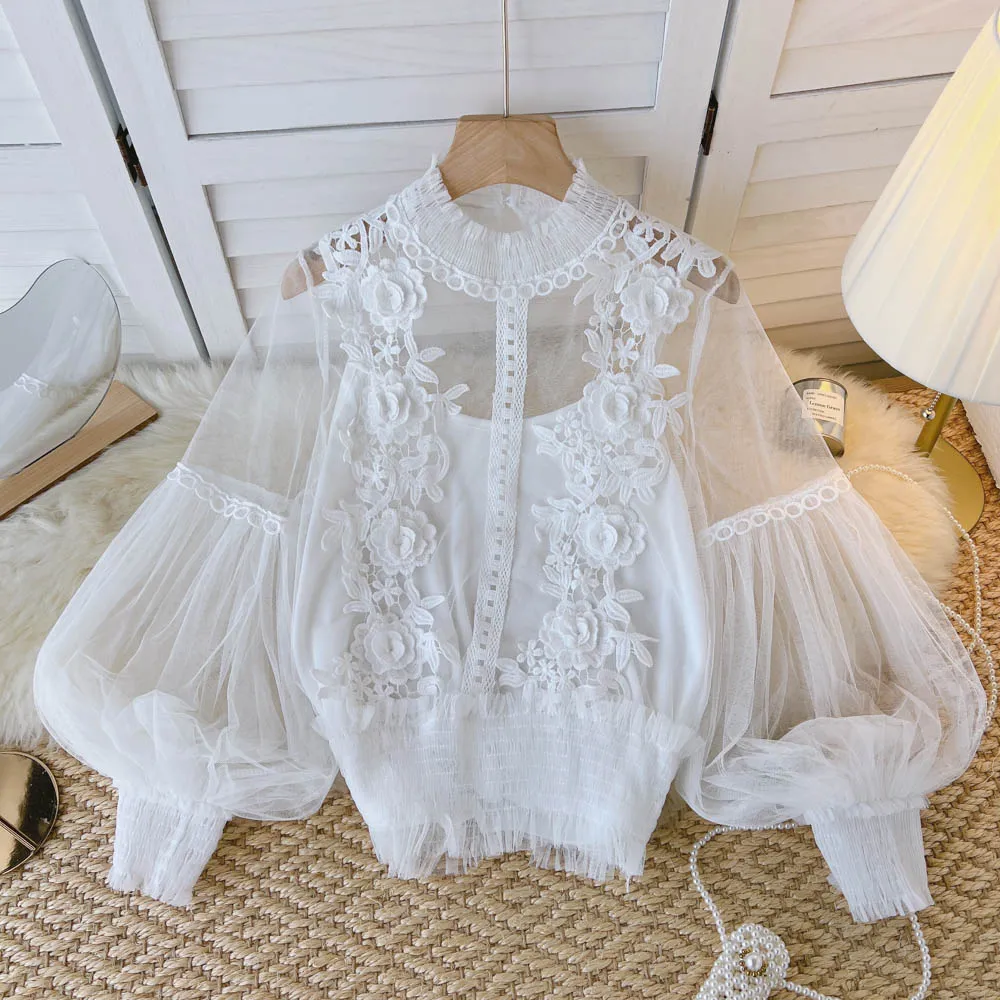 BerryBetty - spring Women Mesh Tops Fashion Sexy Sheer Lace Blouse Lantern Sleeve 3D Floral Blouses Shirts Elegant Top Blusas Femininas