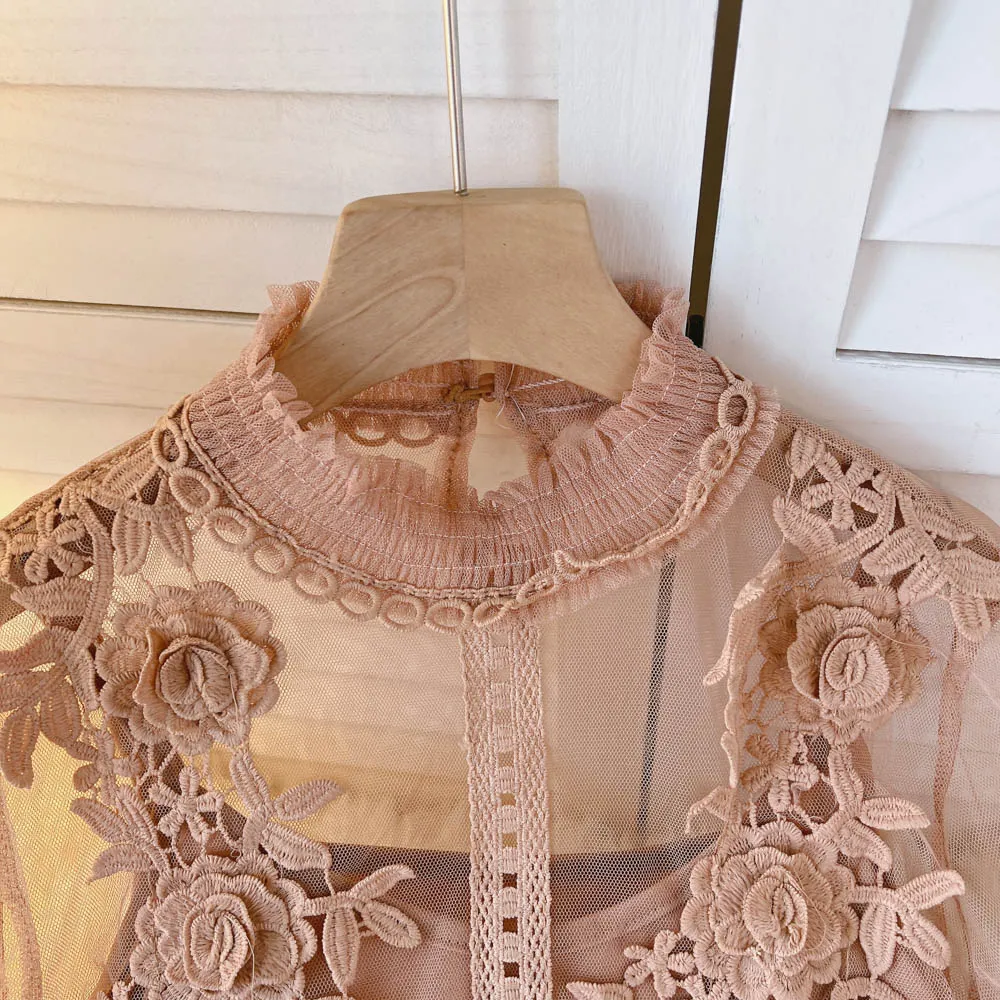 BerryBetty - spring Women Mesh Tops Fashion Sexy Sheer Lace Blouse Lantern Sleeve 3D Floral Blouses Shirts Elegant Top Blusas Femininas