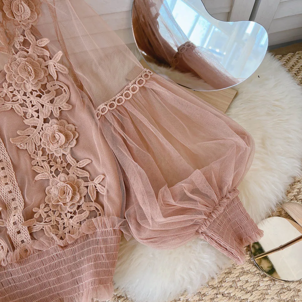 BerryBetty - spring Women Mesh Tops Fashion Sexy Sheer Lace Blouse Lantern Sleeve 3D Floral Blouses Shirts Elegant Top Blusas Femininas