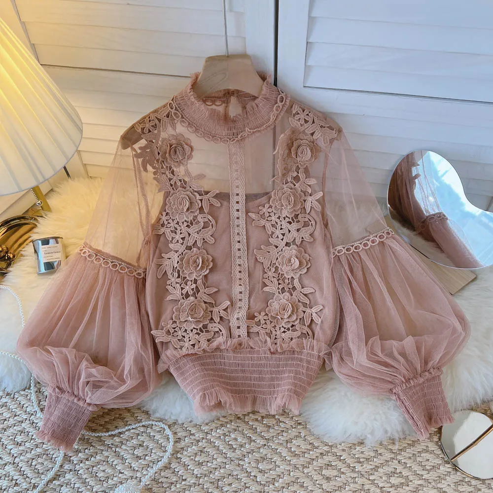 BerryBetty - spring Women Mesh Tops Fashion Sexy Sheer Lace Blouse Lantern Sleeve 3D Floral Blouses Shirts Elegant Top Blusas Femininas