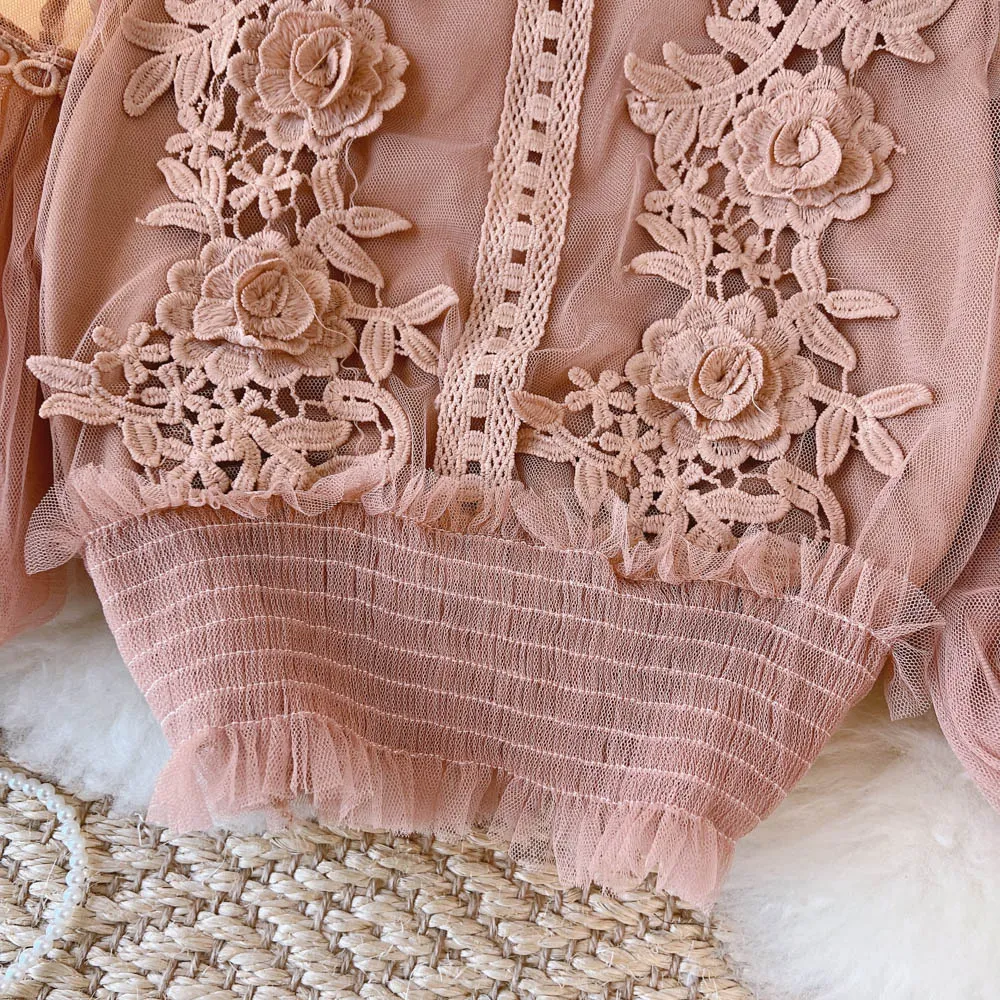 BerryBetty - spring Women Mesh Tops Fashion Sexy Sheer Lace Blouse Lantern Sleeve 3D Floral Blouses Shirts Elegant Top Blusas Femininas