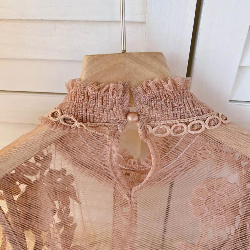 BerryBetty - spring Women Mesh Tops Fashion Sexy Sheer Lace Blouse Lantern Sleeve 3D Floral Blouses Shirts Elegant Top Blusas Femininas
