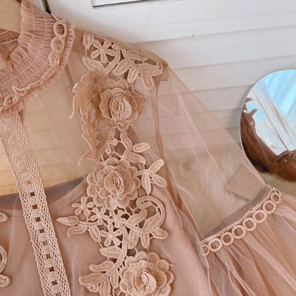 BerryBetty - spring Women Mesh Tops Fashion Sexy Sheer Lace Blouse Lantern Sleeve 3D Floral Blouses Shirts Elegant Top Blusas Femininas