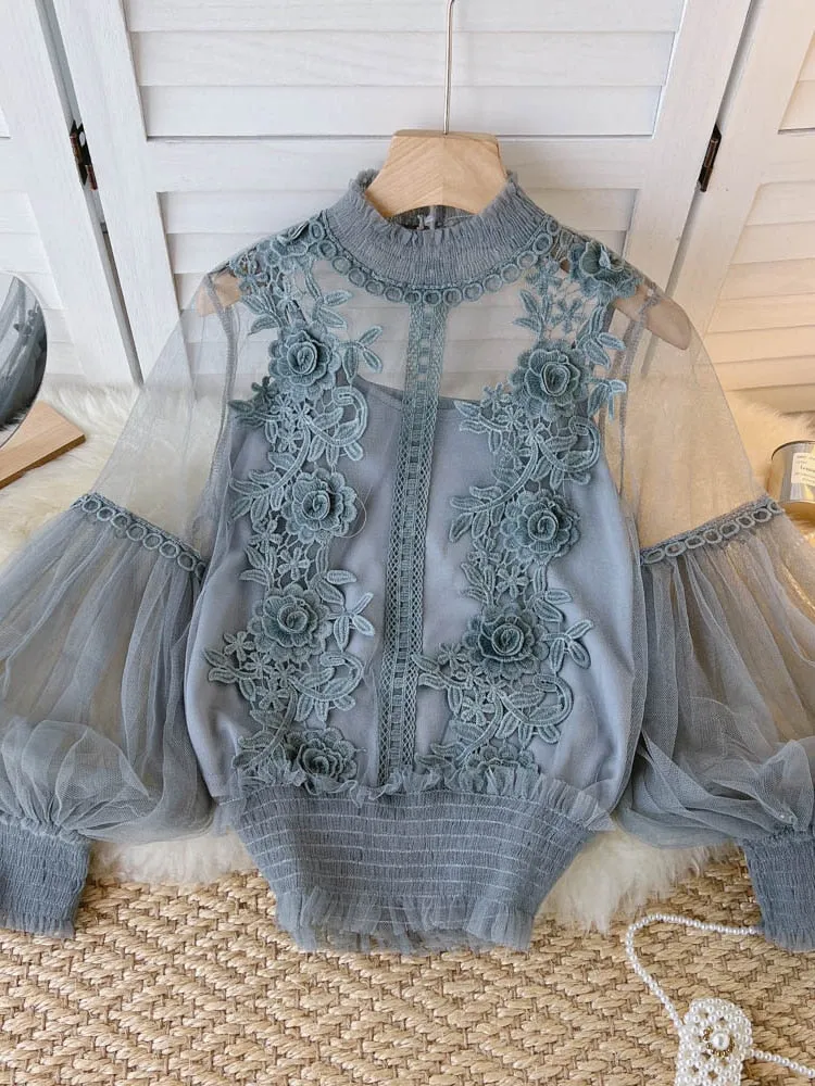 BerryBetty - spring Women Mesh Tops Fashion Sexy Sheer Lace Blouse Lantern Sleeve 3D Floral Blouses Shirts Elegant Top Blusas Femininas