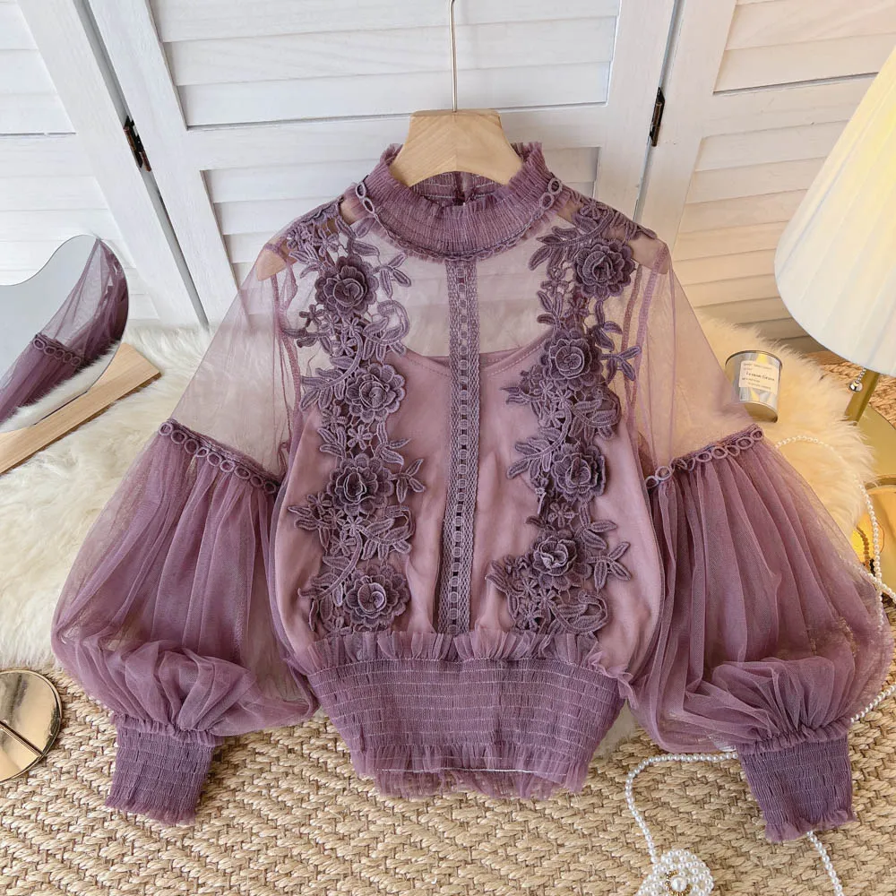 BerryBetty - spring Women Mesh Tops Fashion Sexy Sheer Lace Blouse Lantern Sleeve 3D Floral Blouses Shirts Elegant Top Blusas Femininas