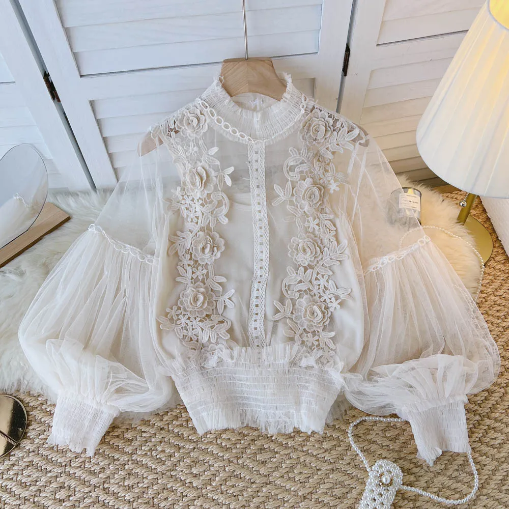 BerryBetty - spring Women Mesh Tops Fashion Sexy Sheer Lace Blouse Lantern Sleeve 3D Floral Blouses Shirts Elegant Top Blusas Femininas