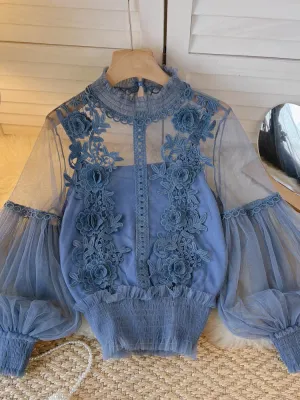 BerryBetty - spring Women Mesh Tops Fashion Sexy Sheer Lace Blouse Lantern Sleeve 3D Floral Blouses Shirts Elegant Top Blusas Femininas