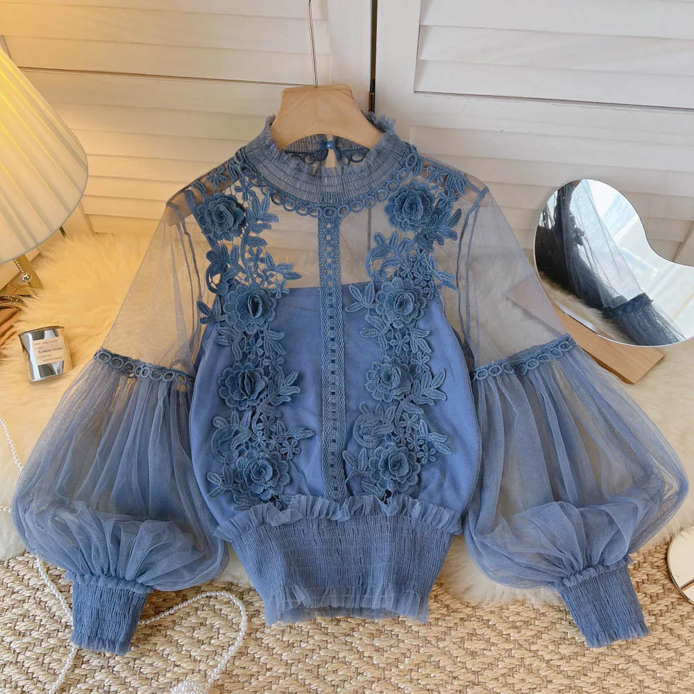 BerryBetty - spring Women Mesh Tops Fashion Sexy Sheer Lace Blouse Lantern Sleeve 3D Floral Blouses Shirts Elegant Top Blusas Femininas