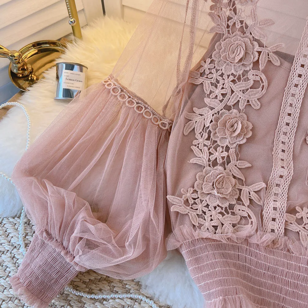 BerryBetty - spring Women Mesh Tops Fashion Sexy Sheer Lace Blouse Lantern Sleeve 3D Floral Blouses Shirts Elegant Top Blusas Femininas