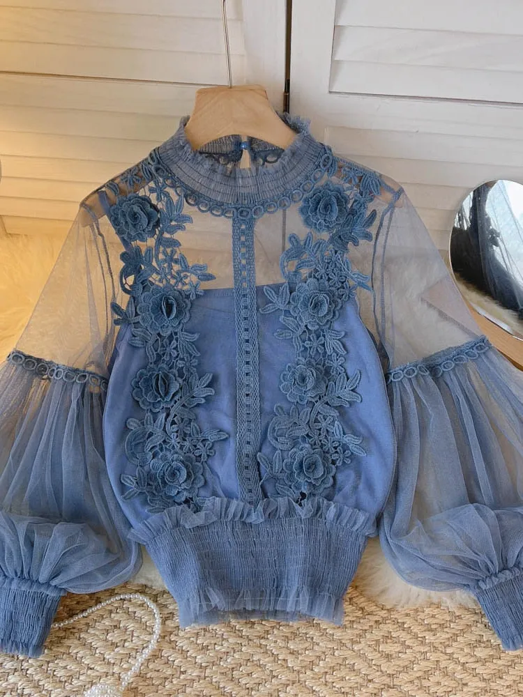 BerryBetty - spring Women Mesh Tops Fashion Sexy Sheer Lace Blouse Lantern Sleeve 3D Floral Blouses Shirts Elegant Top Blusas Femininas