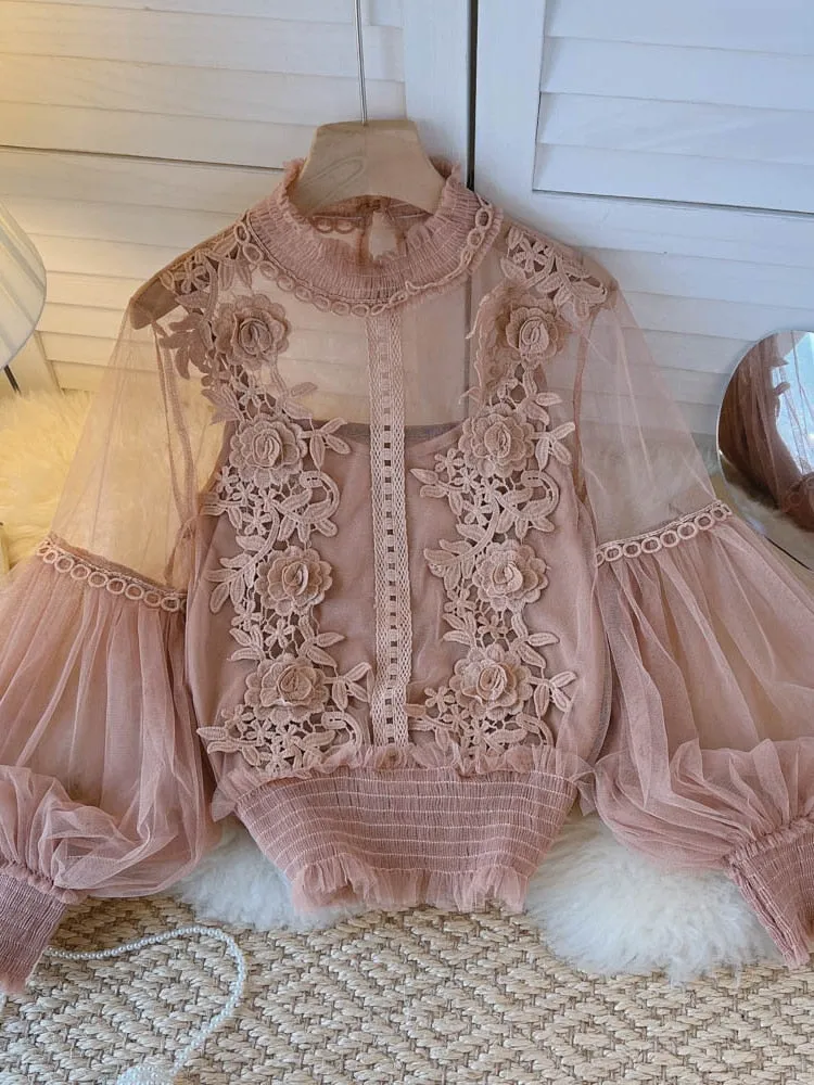 BerryBetty - spring Women Mesh Tops Fashion Sexy Sheer Lace Blouse Lantern Sleeve 3D Floral Blouses Shirts Elegant Top Blusas Femininas