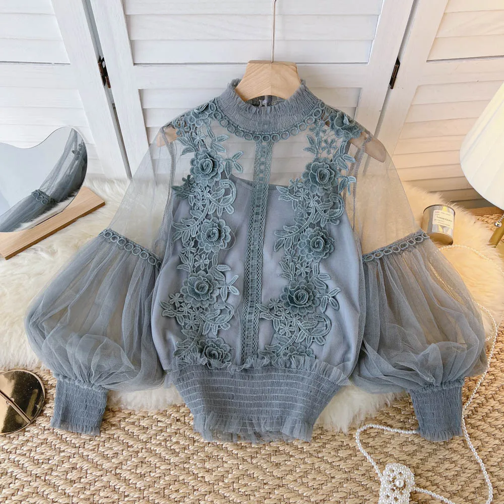 BerryBetty - spring Women Mesh Tops Fashion Sexy Sheer Lace Blouse Lantern Sleeve 3D Floral Blouses Shirts Elegant Top Blusas Femininas