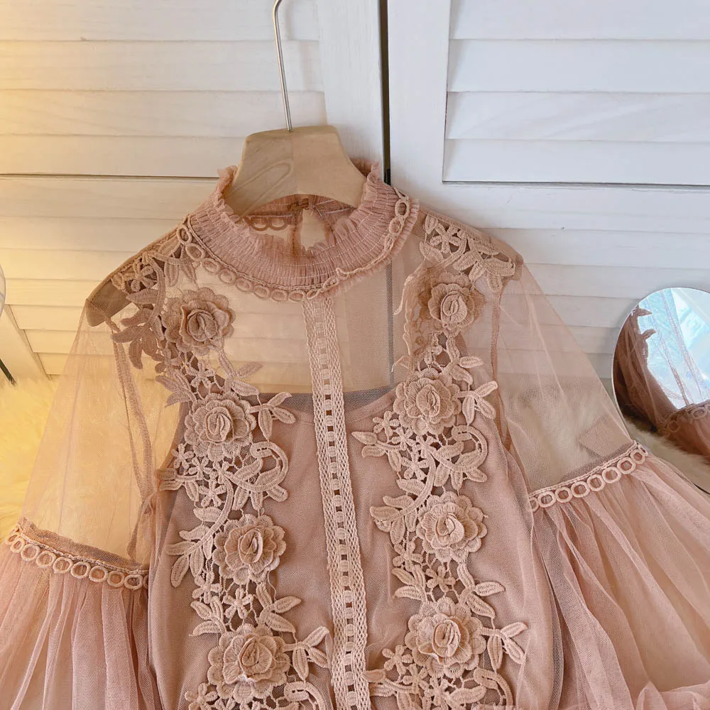 BerryBetty - spring Women Mesh Tops Fashion Sexy Sheer Lace Blouse Lantern Sleeve 3D Floral Blouses Shirts Elegant Top Blusas Femininas