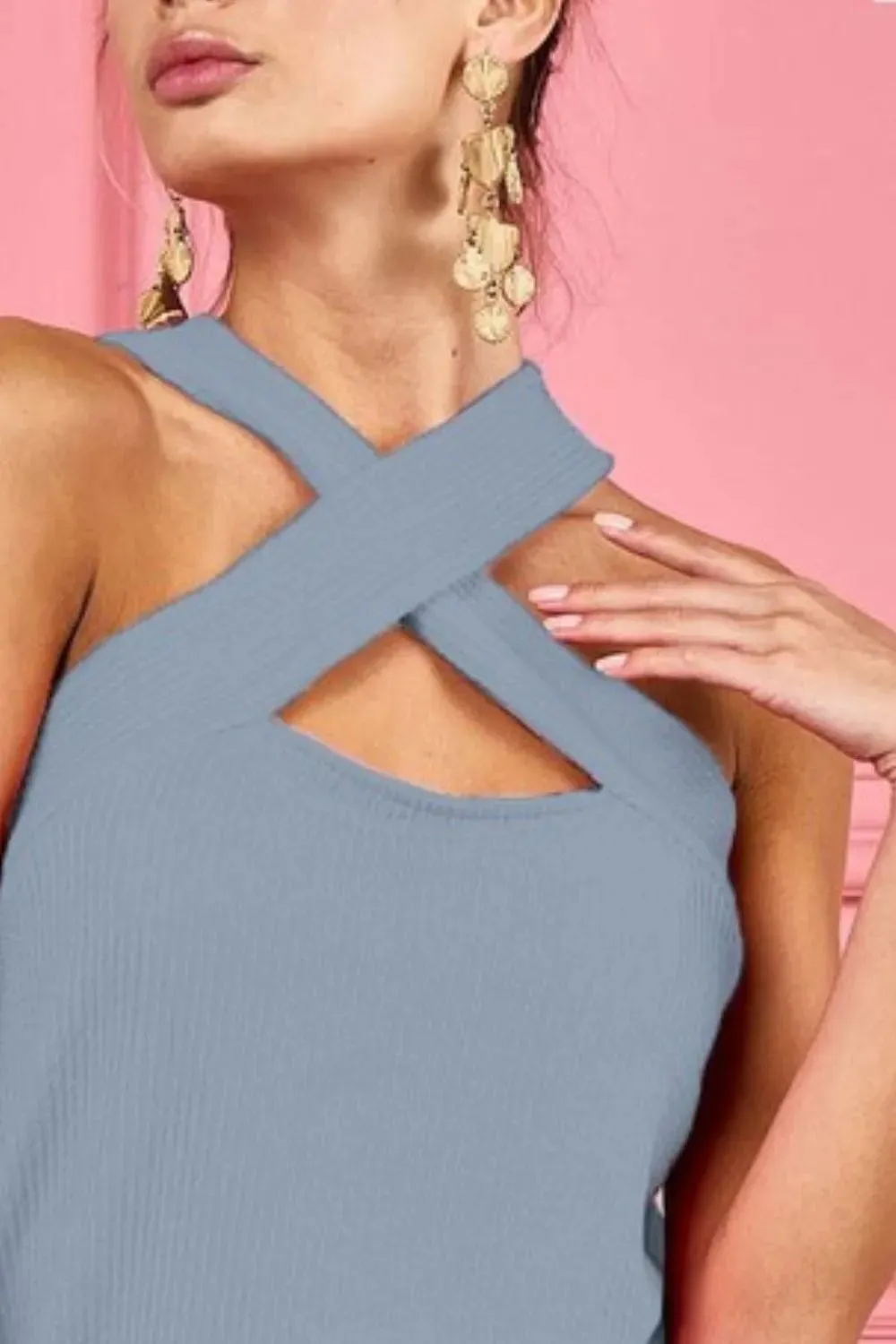 BiBi Lace Knit with Cut Out And Cross Neck Banded Top S-XL