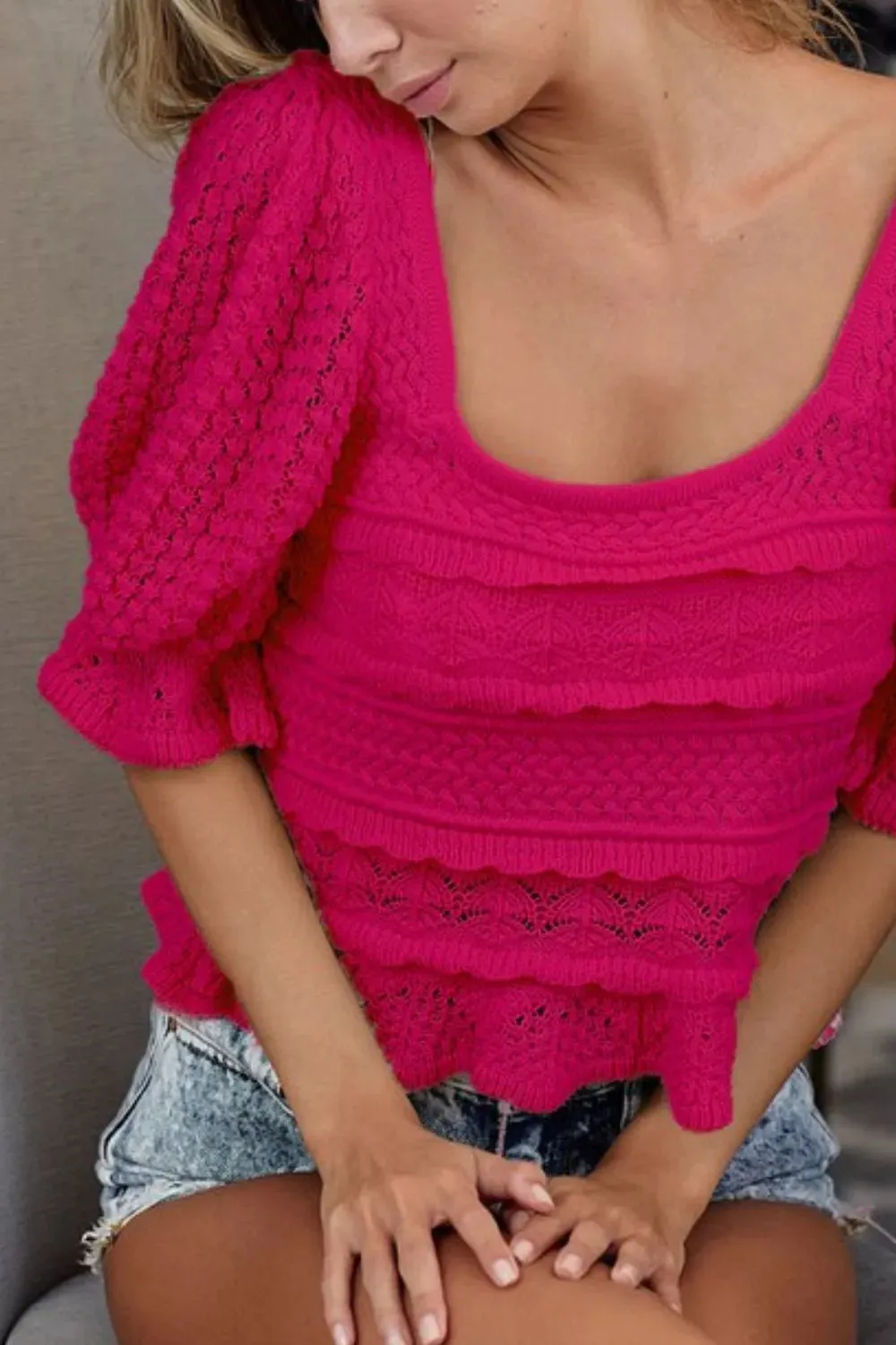 BiBi Square Neckline with Puff Sleeve Crochet Top S-XL