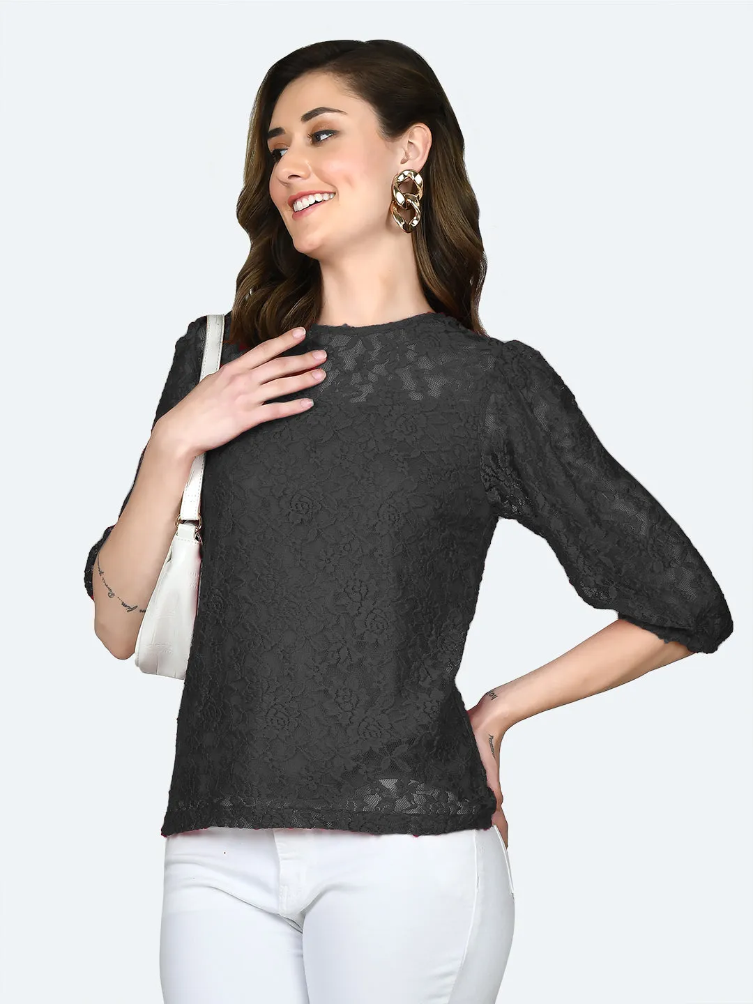 Black Lace Round Neck Top