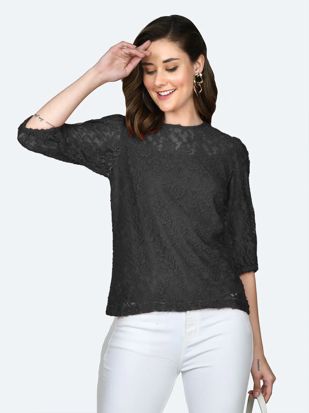 Black Lace Round Neck Top