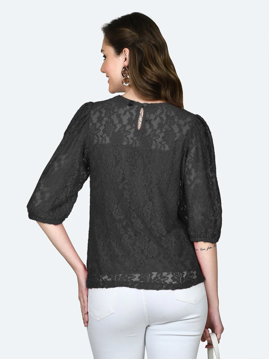 Black Lace Round Neck Top
