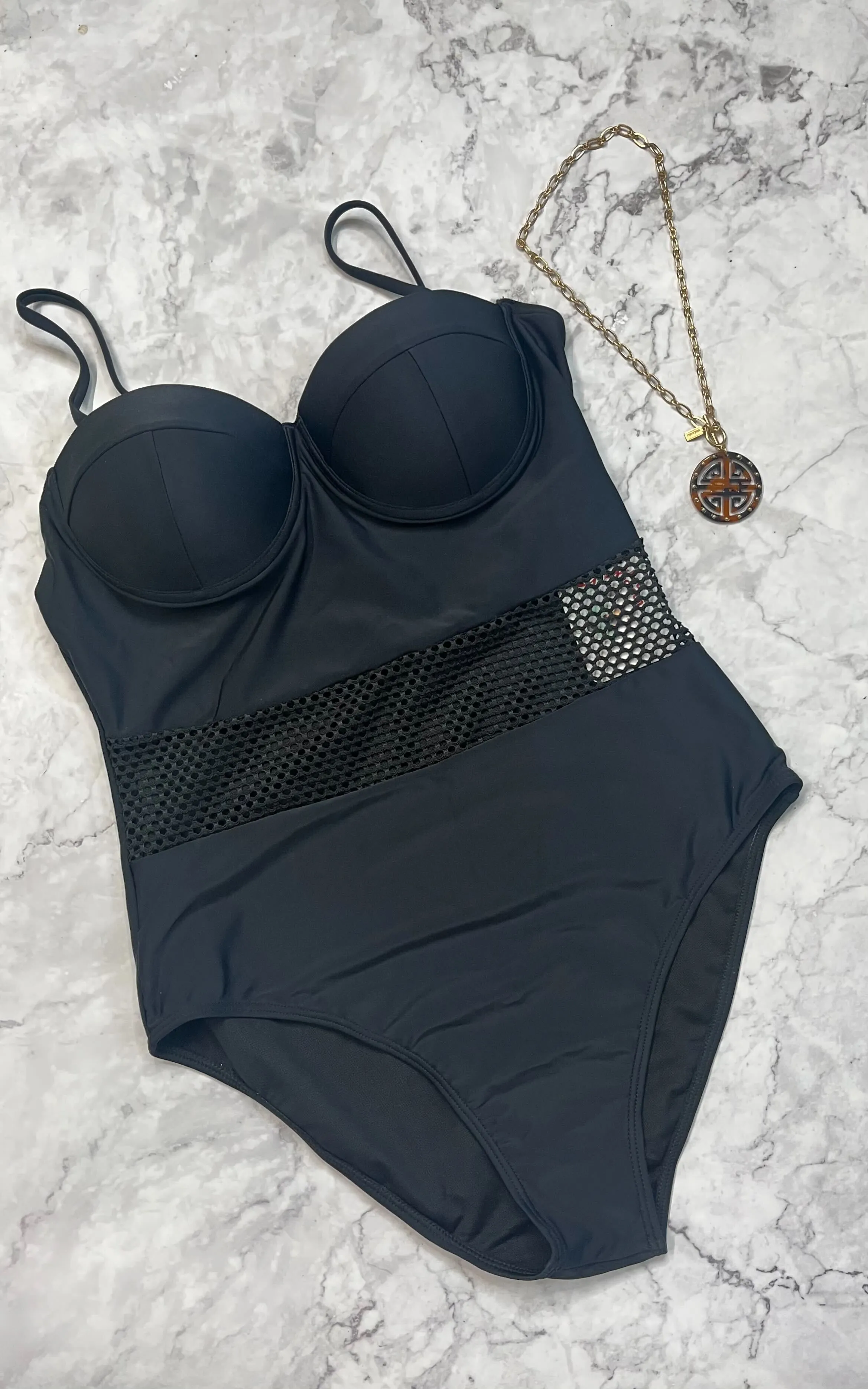 Black Mesh Inset Adjustable Strap One Piece Swim