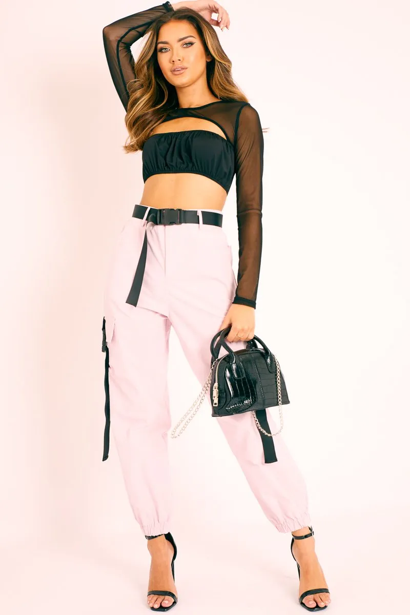 Black Mesh Sleeve Cut Out Tie Back Crop Top - Layna