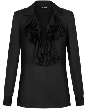 Black Ruffle Placket Silk Blouse