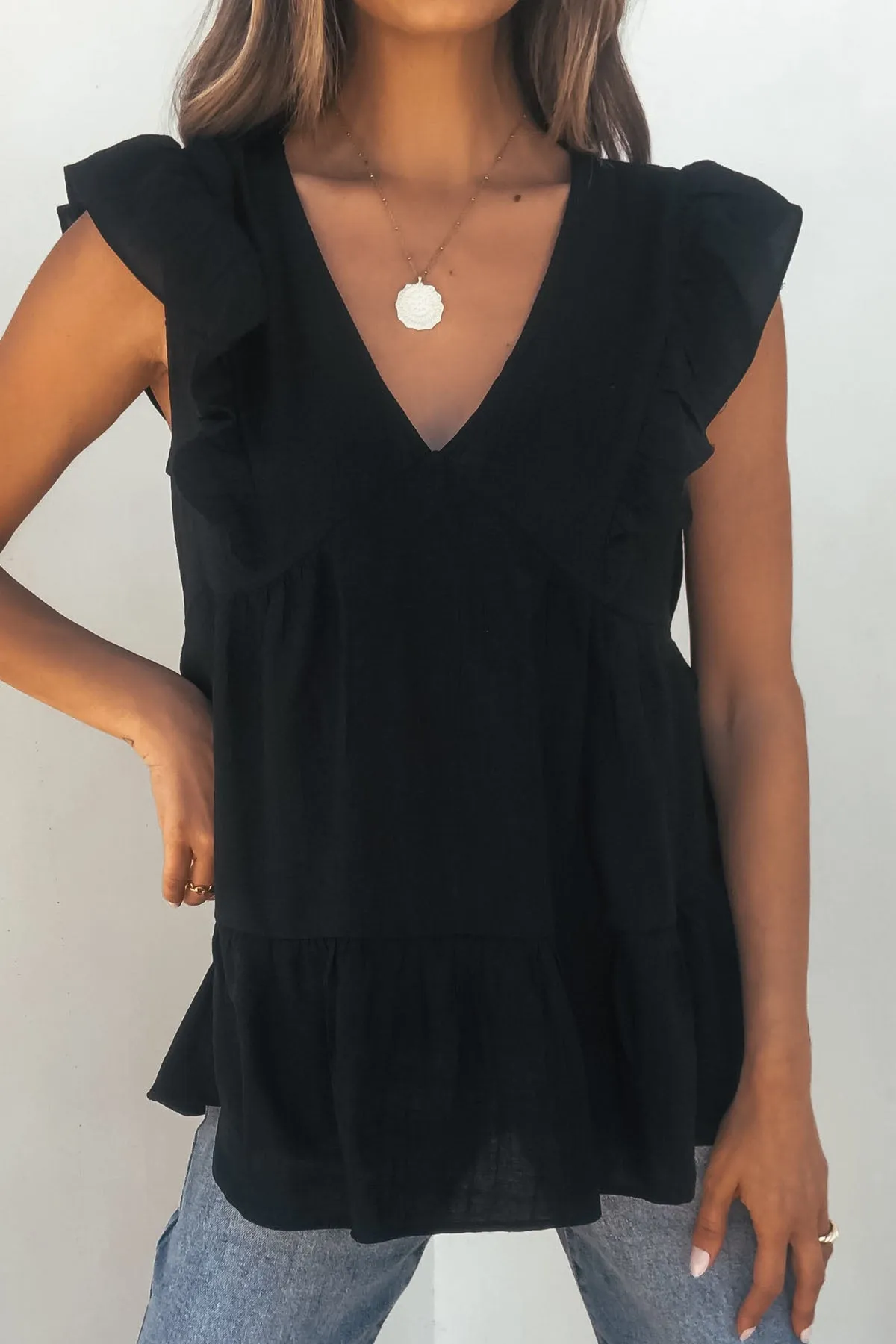 Black Ruffle Sleeve Textured Top