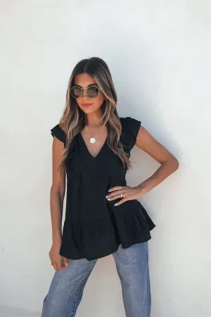Black Ruffle Sleeve Textured Top