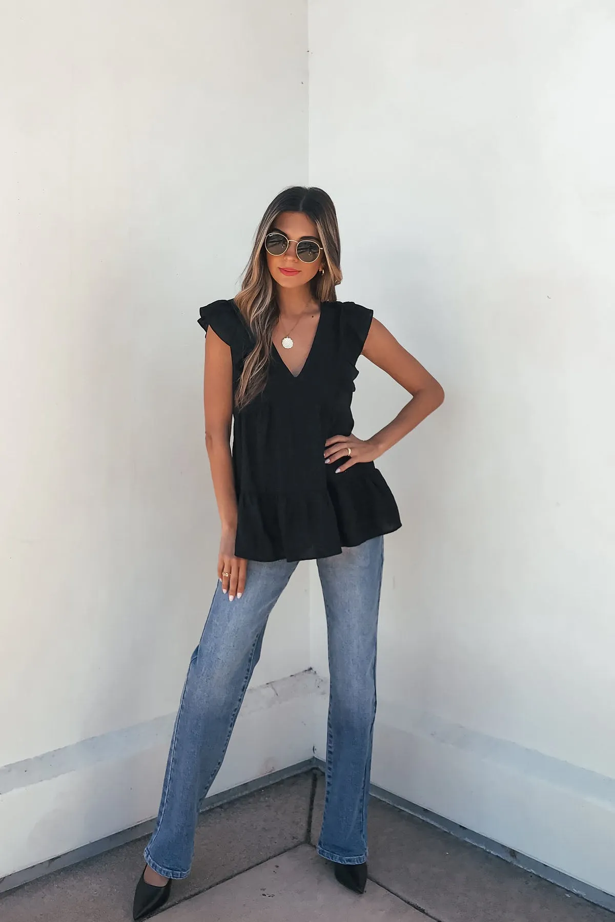 Black Ruffle Sleeve Textured Top