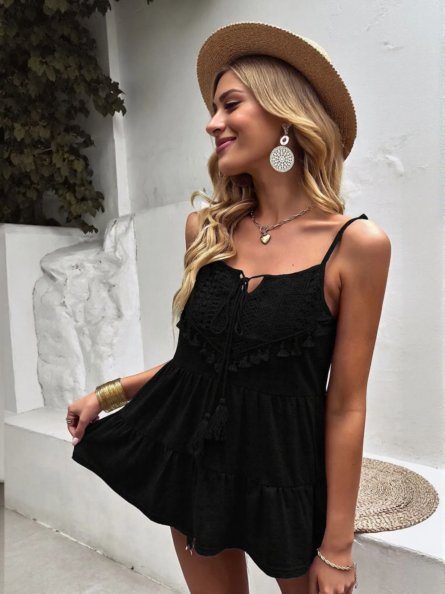 Black Strappy Boho Top With Lace Detail