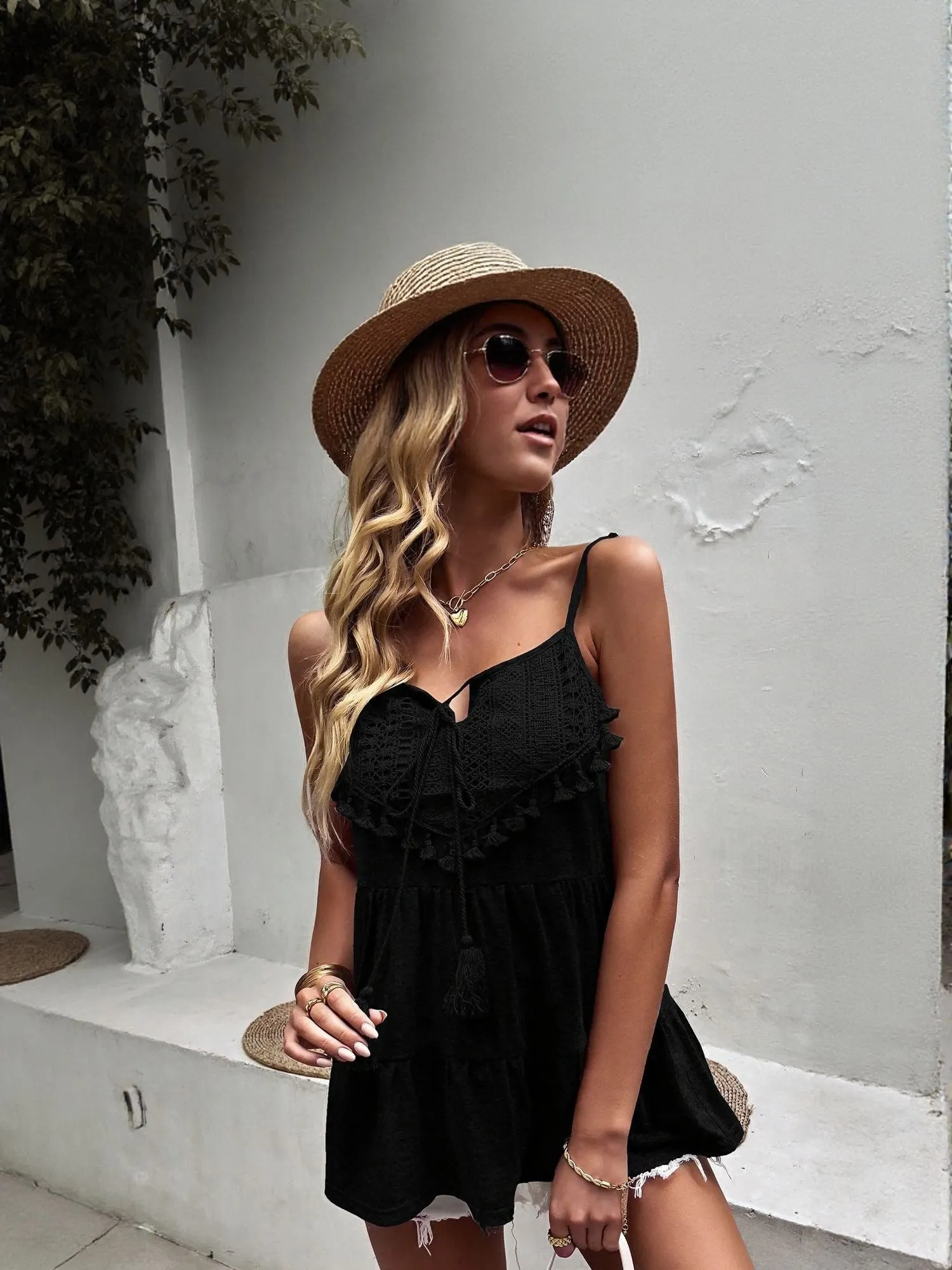 Black Strappy Boho Top With Lace Detail