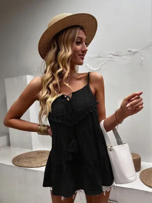 Black Strappy Boho Top With Lace Detail