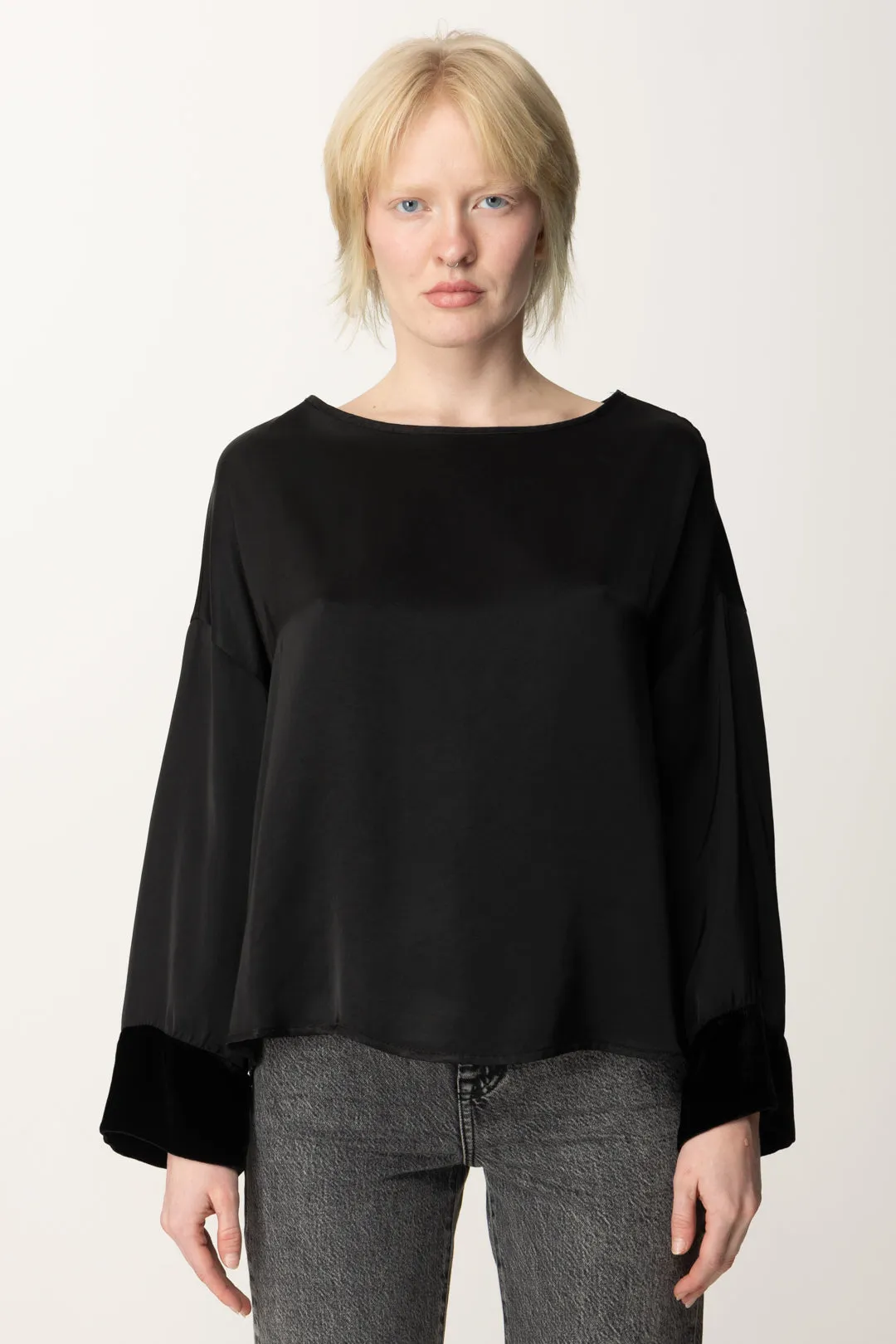 Blusa Oversize con Dettagli In Velluto
