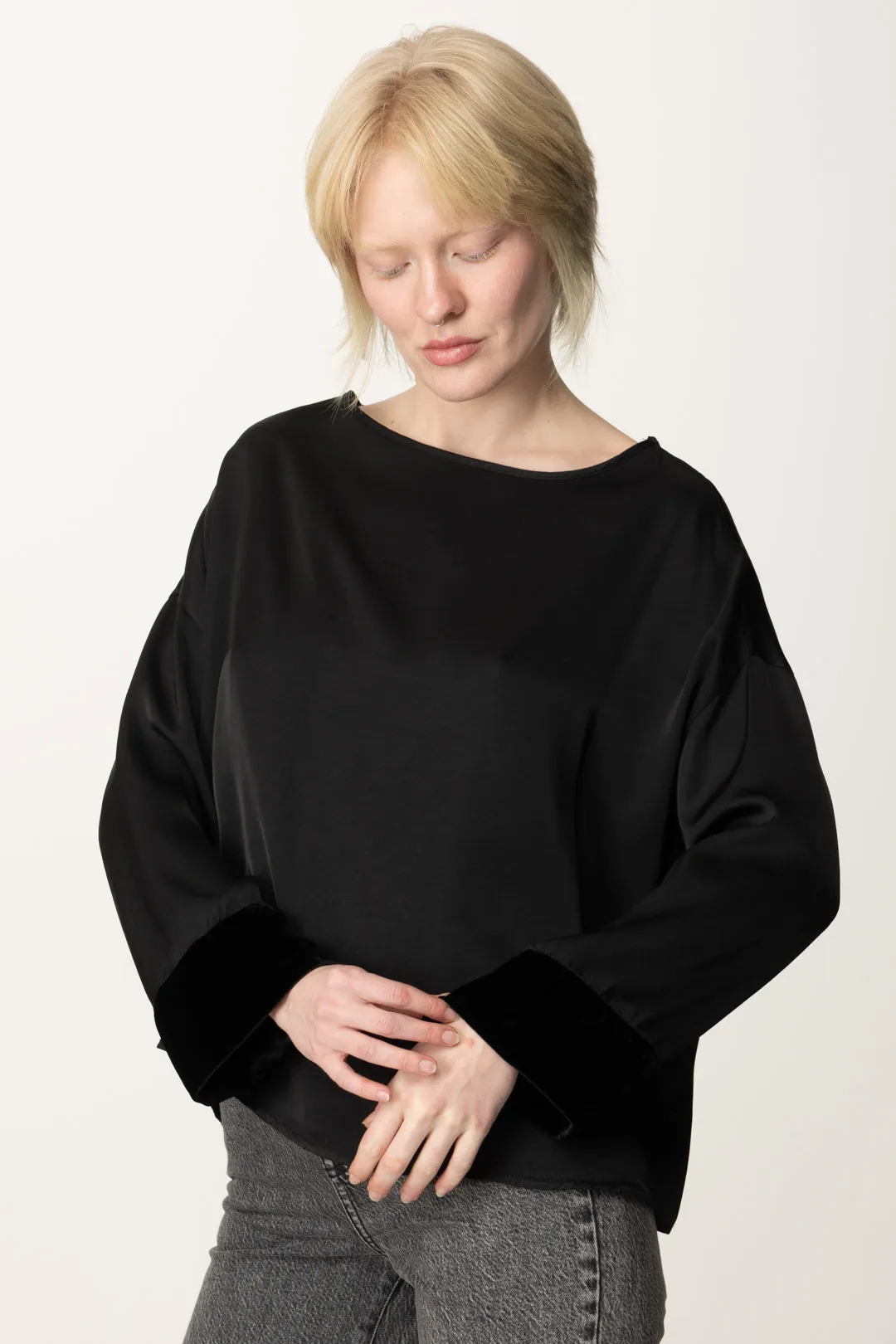 Blusa Oversize con Dettagli In Velluto