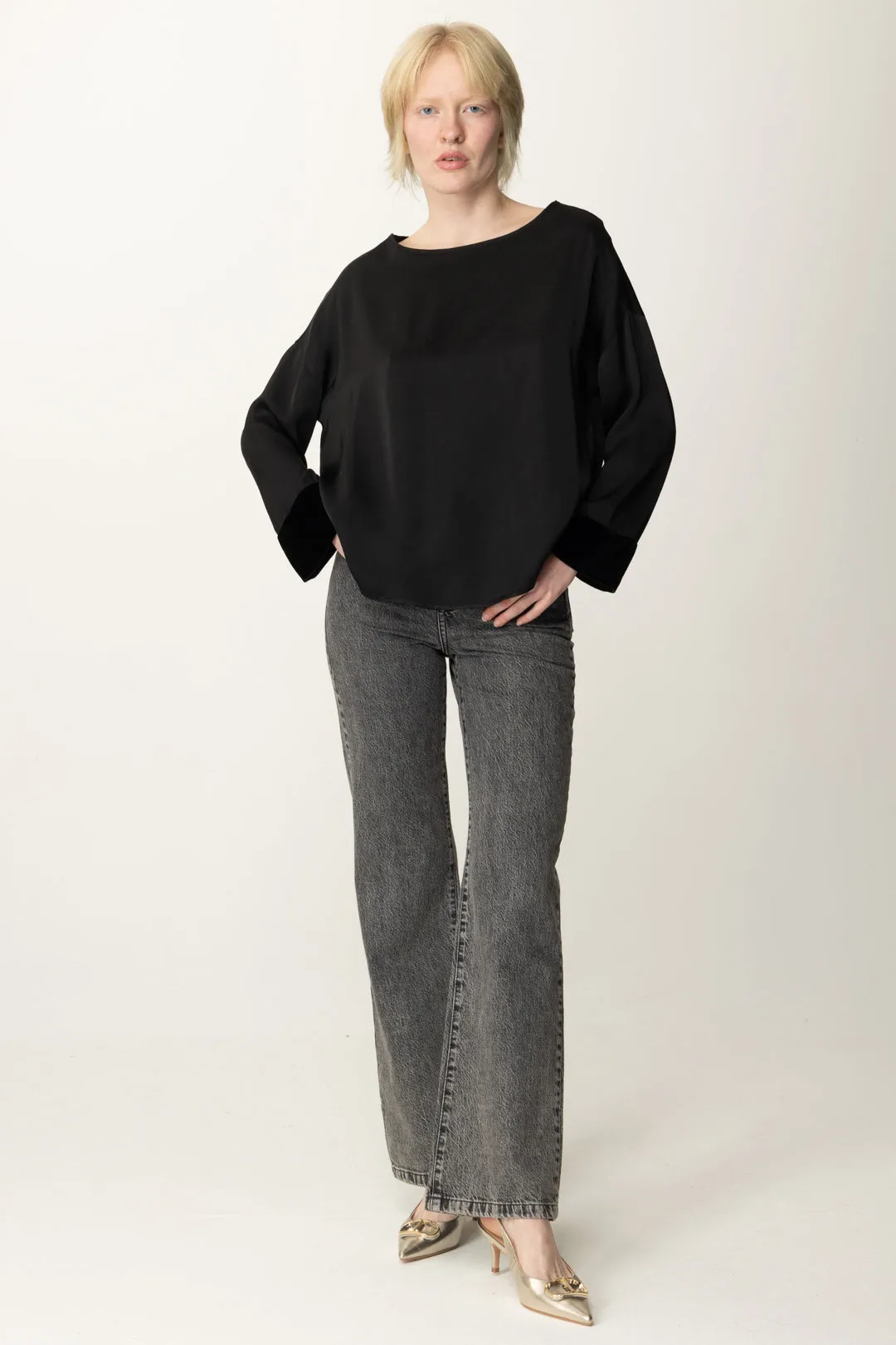 Blusa Oversize con Dettagli In Velluto