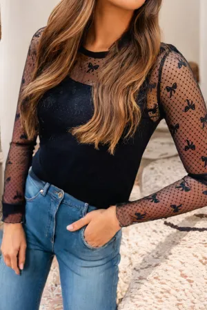Bow Pattern Accent Mesh Long Sleeve Top: Black